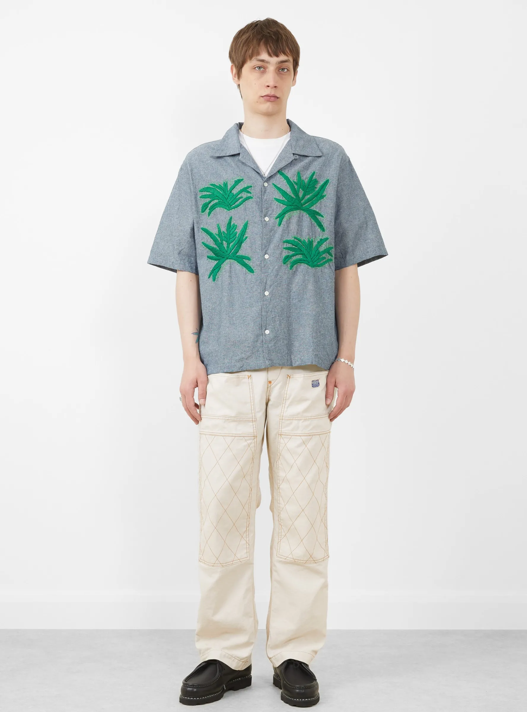 Cactus Hand Embroidery Shirt Indigo Green<NOMARHYTHM TEXTILE Hot