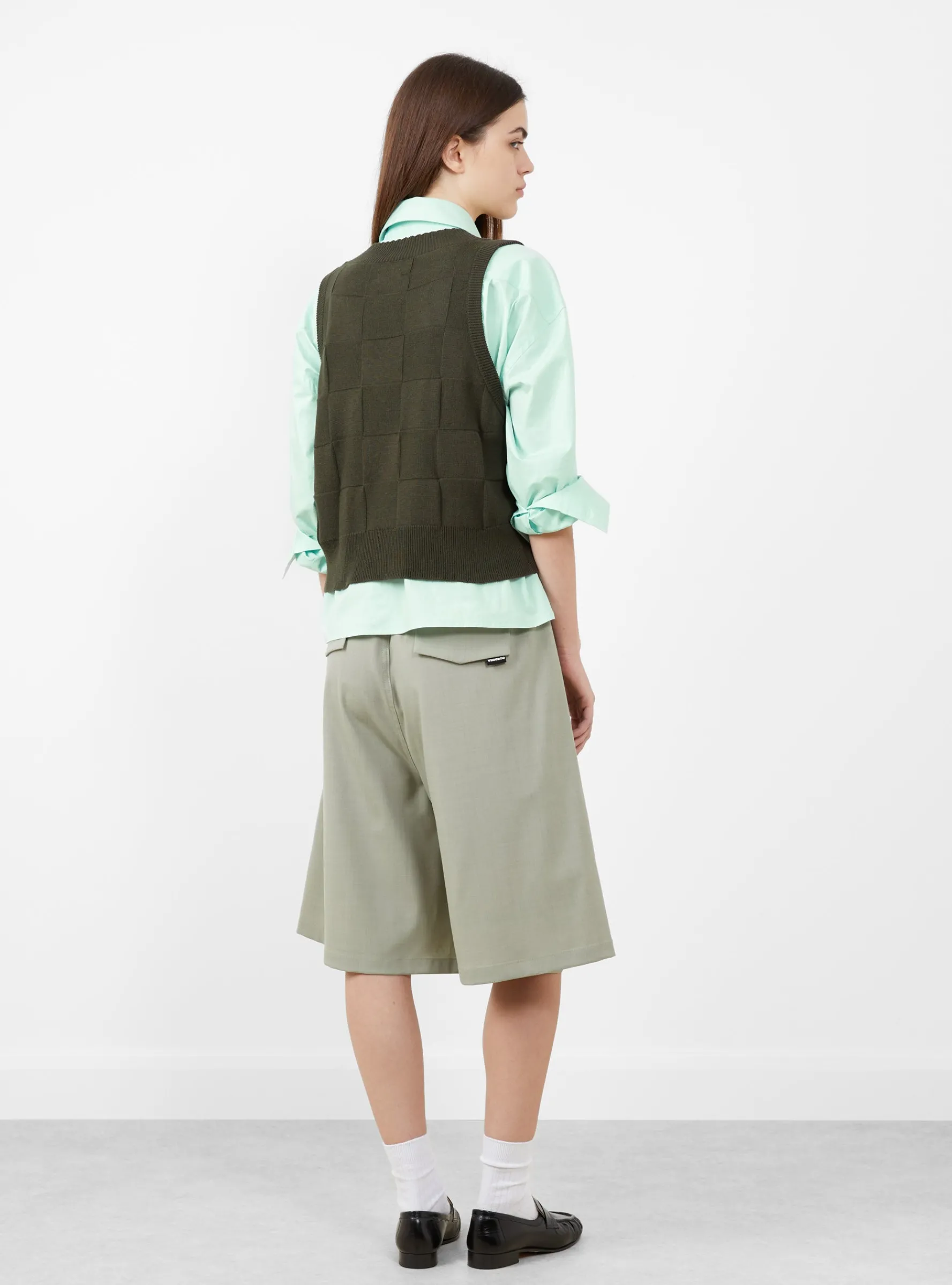 Checkered Cotton & Cashmere Waistcoat Dark Moss<Cordera Online