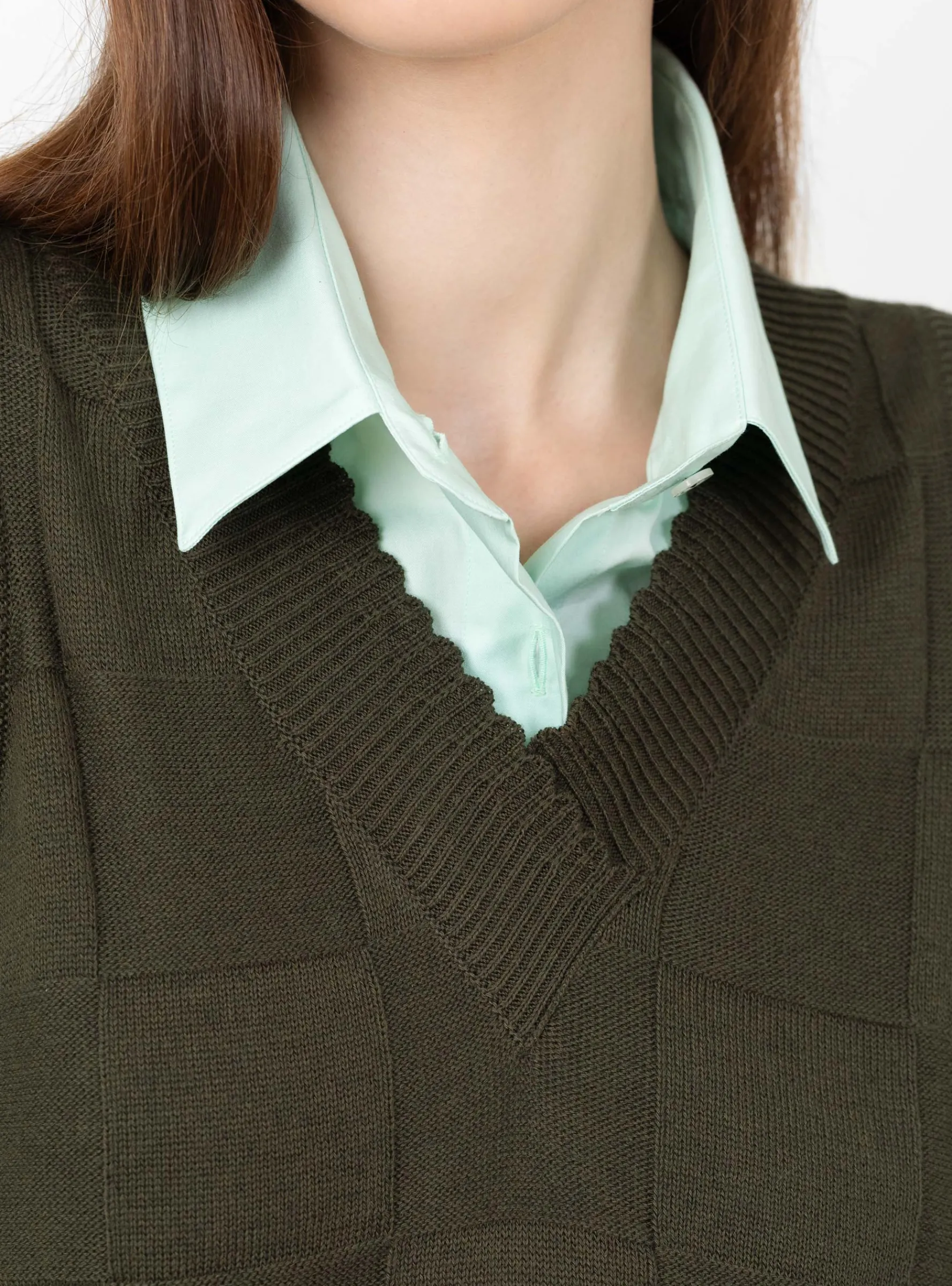 Checkered Cotton & Cashmere Waistcoat Dark Moss<Cordera Online