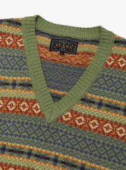 Cotton/Linen Vest Fair Isle Pattern<Beams Plus Hot