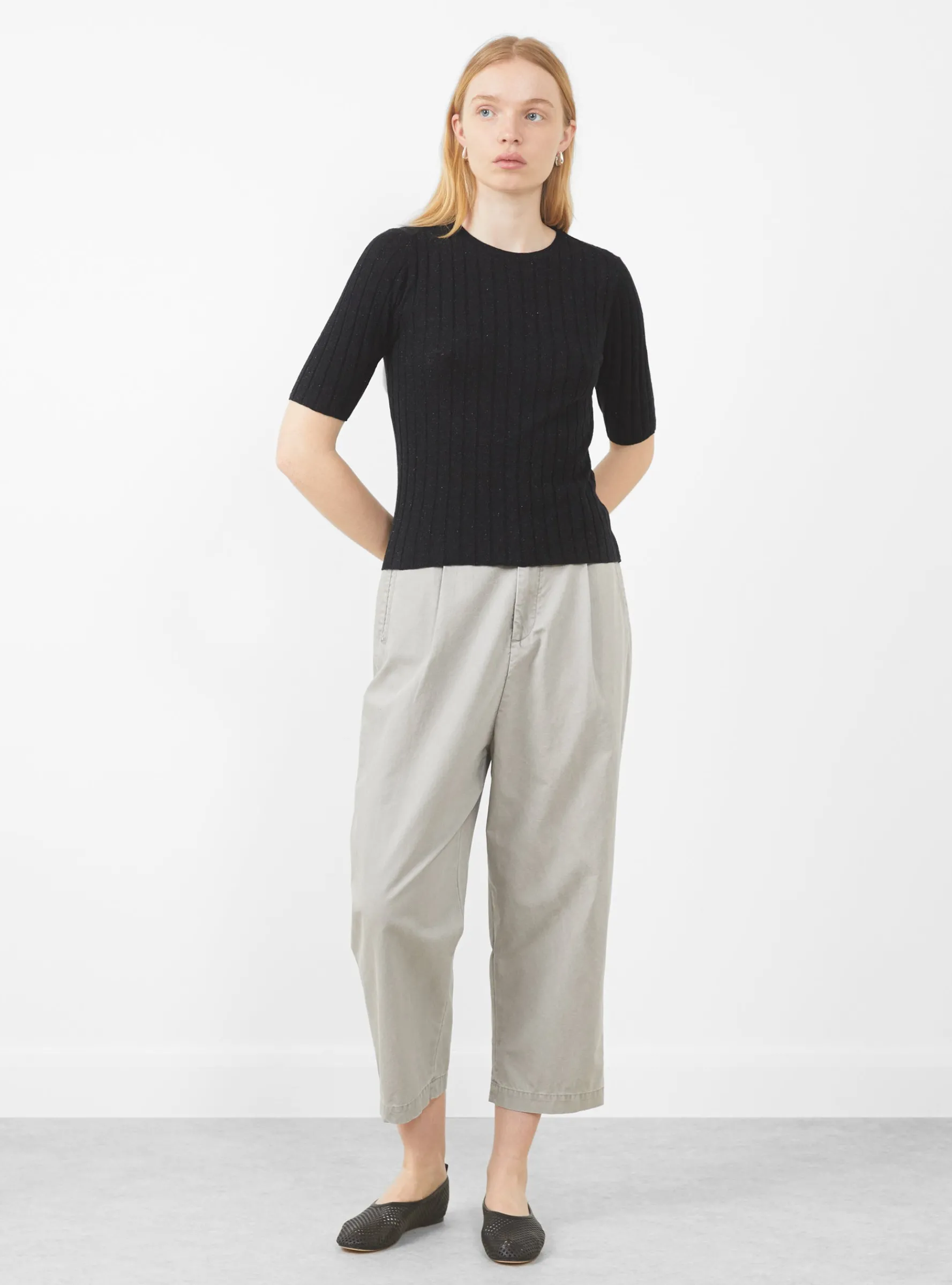 Mid-Sleeve Ribbed Fine Knit, Black<7115 by Szeki Best