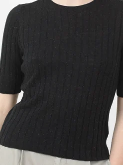 Mid-Sleeve Ribbed Fine Knit, Black<7115 by Szeki Best