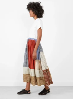 Patchwork Gathered Skirt Red Mix<Kapital Sale