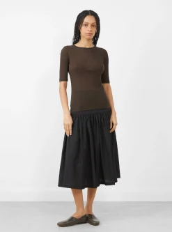 Round Short Sleeve T-Shirt, Brown<AMOMENTO Fashion