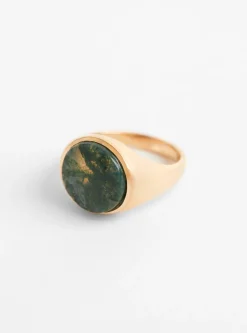 Small Round Stone Signet Ring Gold Plated Moss Agate<Helena Rohner New