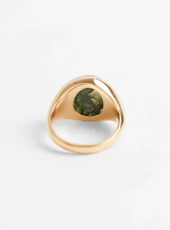 Small Round Stone Signet Ring Gold Plated Moss Agate<Helena Rohner New
