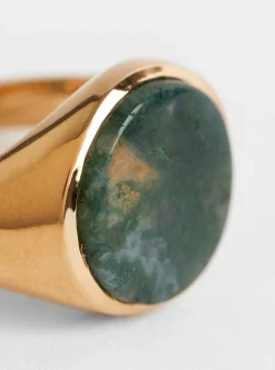 Small Round Stone Signet Ring Gold Plated Moss Agate<Helena Rohner New