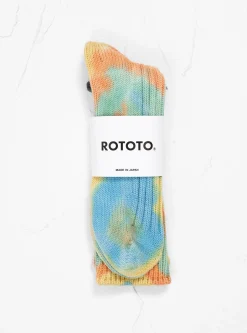 Tie Dye Chunky Ribbed Crew Socks Orange, Light Blue & Yellow<ROTOTO Hot