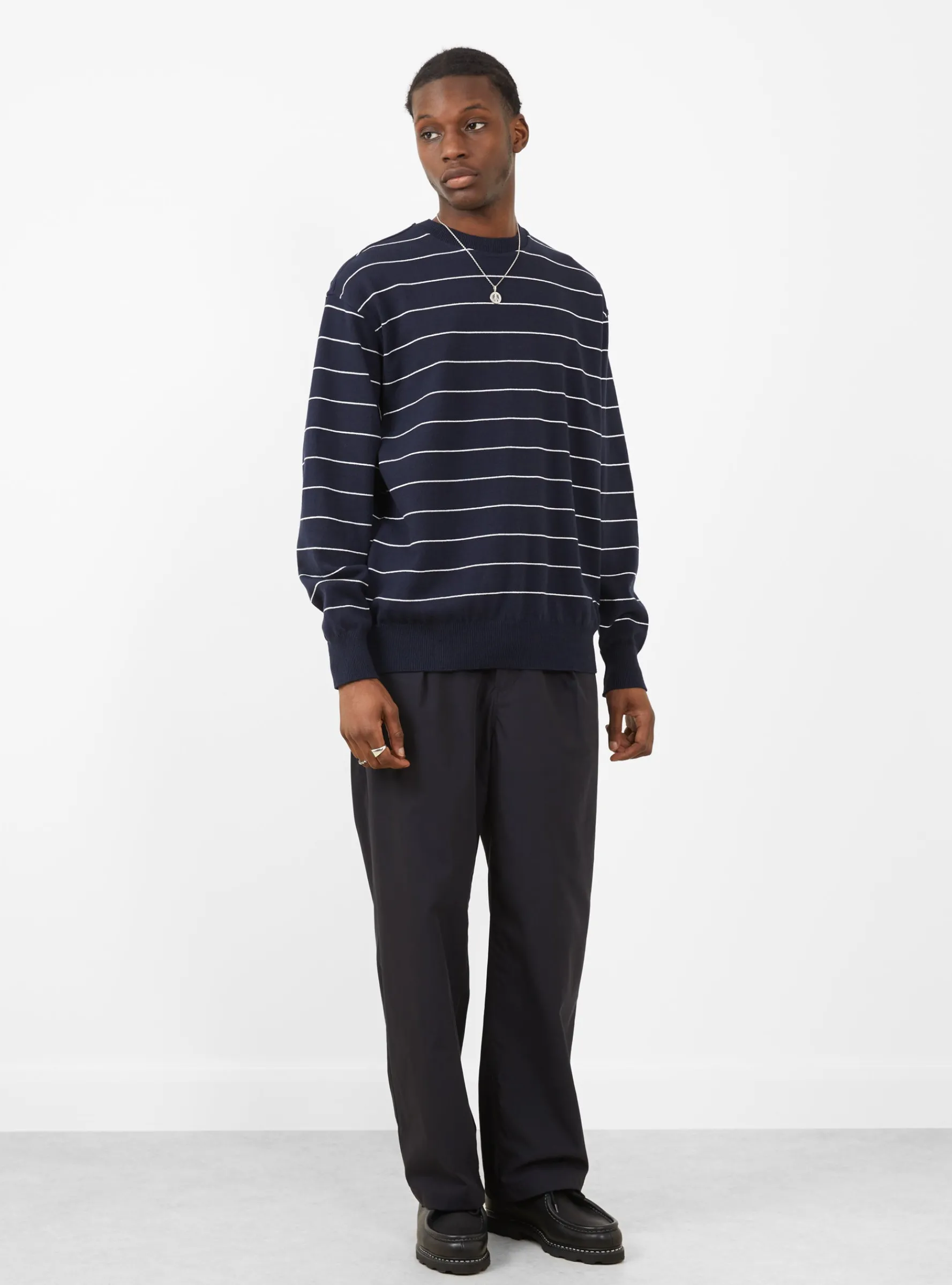 Wave Cotton Knit Pullover Navy Stripe<Yonetomi New