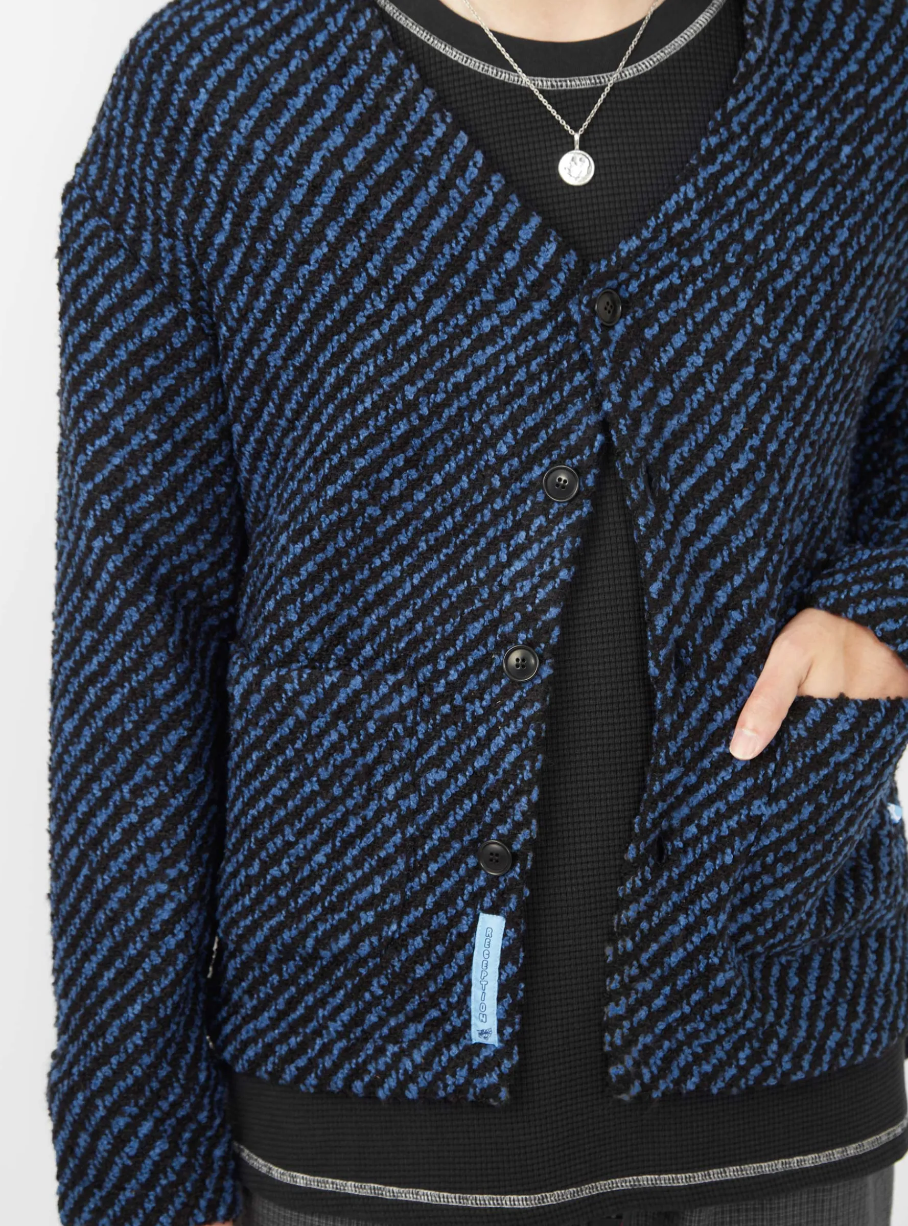 Wool Boucle Cardigan Navy & Black Stripe<Reception Hot