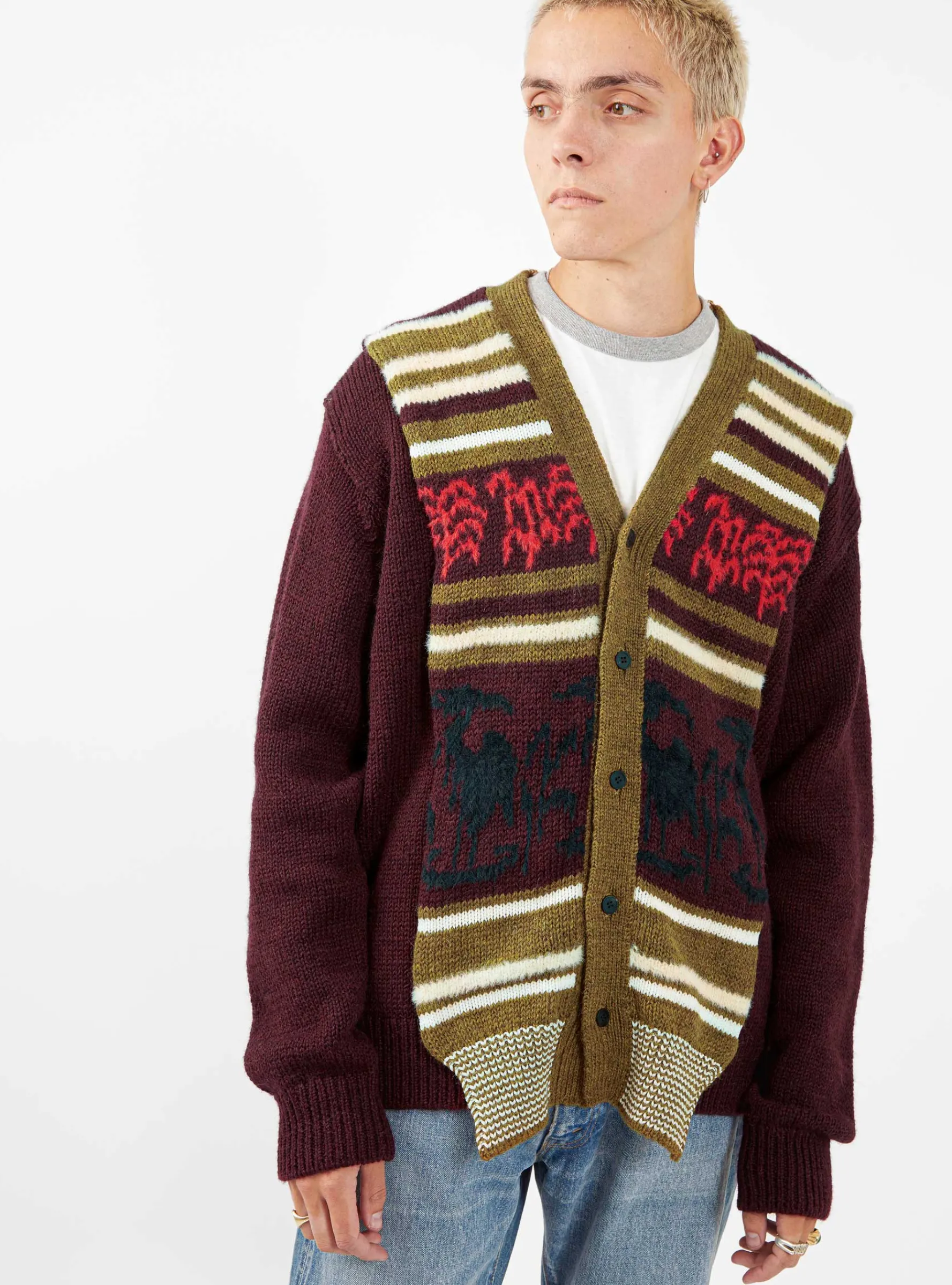 Wool Jacquard Knit Cardigan Dark Red<TOGA VIRILIS Clearance